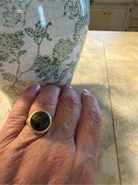 Bold Gold-Tone Ring with Dark Olive green Round Stone